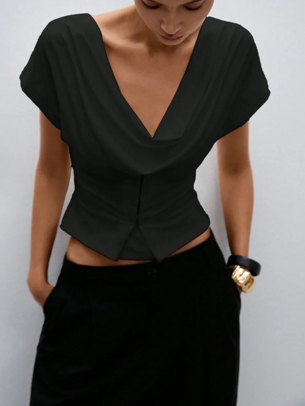 Black Casual Women's Sexy Plunging Neckline Top